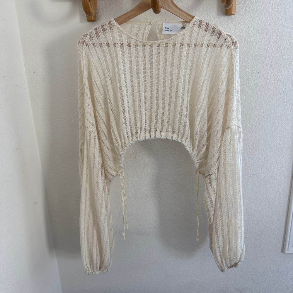 THE ROOM Cream mesh knit crochet top wide long sleeves adjustable waist ties